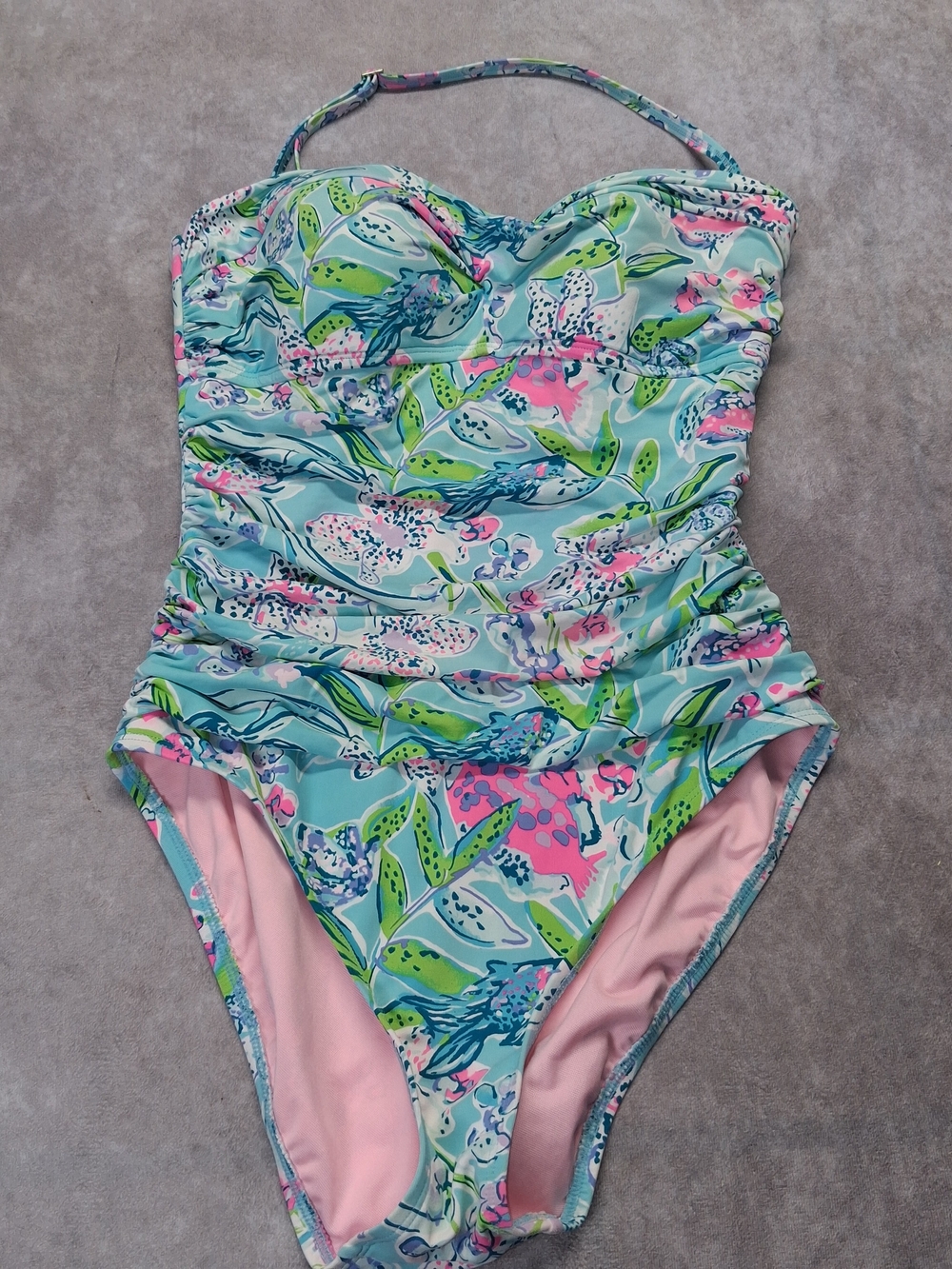 Lilly Pulitzer Flamenco One Piece Swimsuit Ruched Floral Fish Gray Size 8